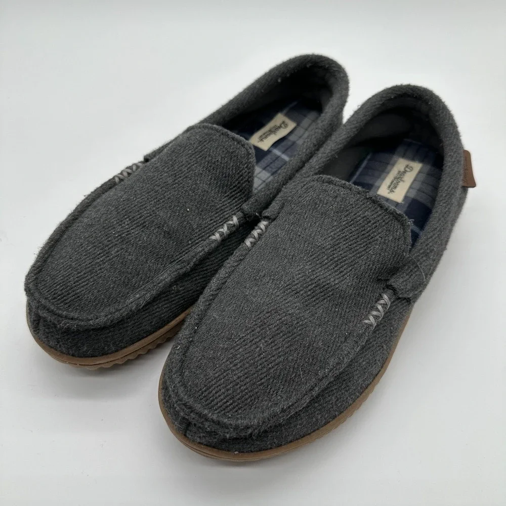 Dearfoams Slippers Mens 9-10 Gray Cozy Comfort Moccasin Plaid Lined Slip On